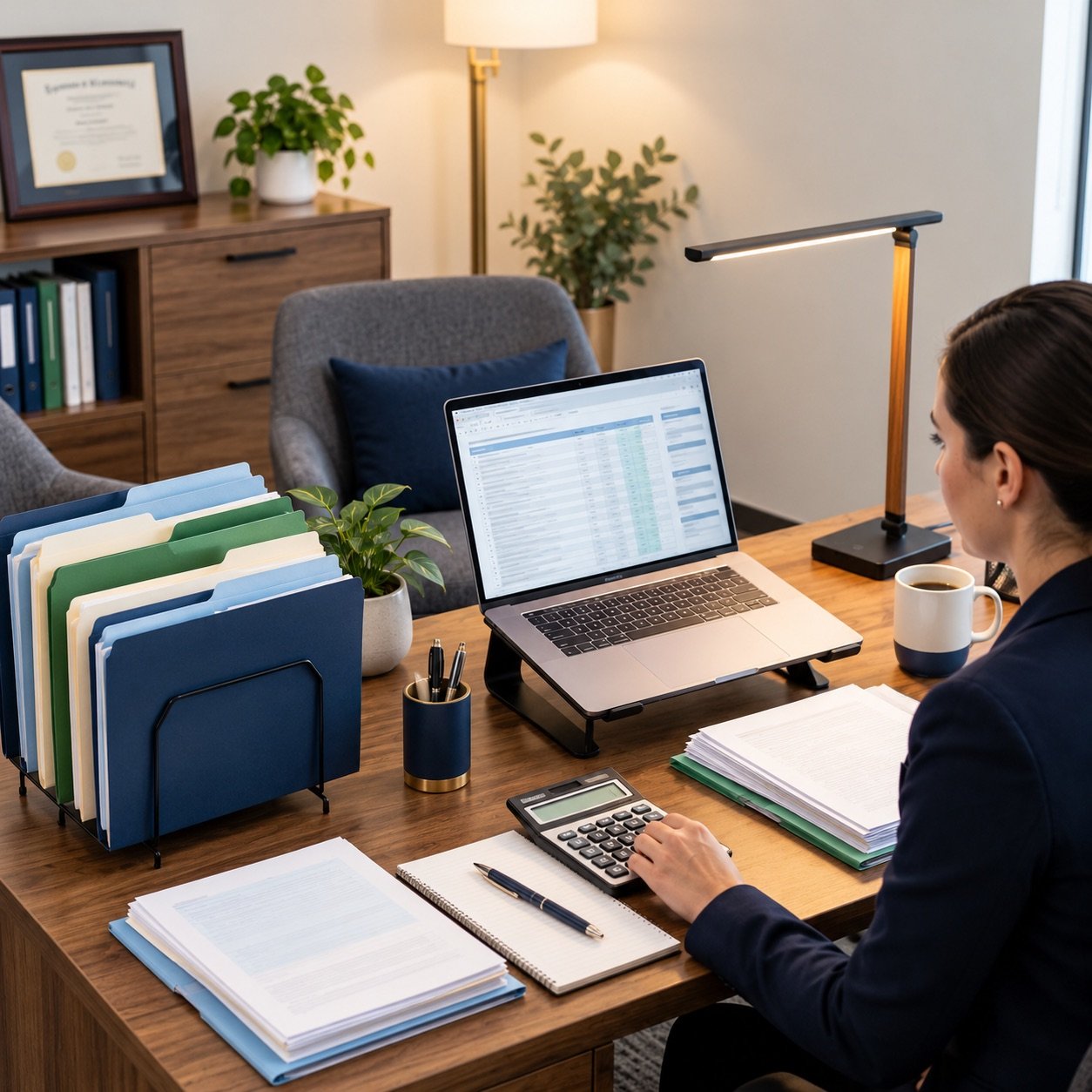 Accountant working at an organised office desk with client files, a calculator and a laptop