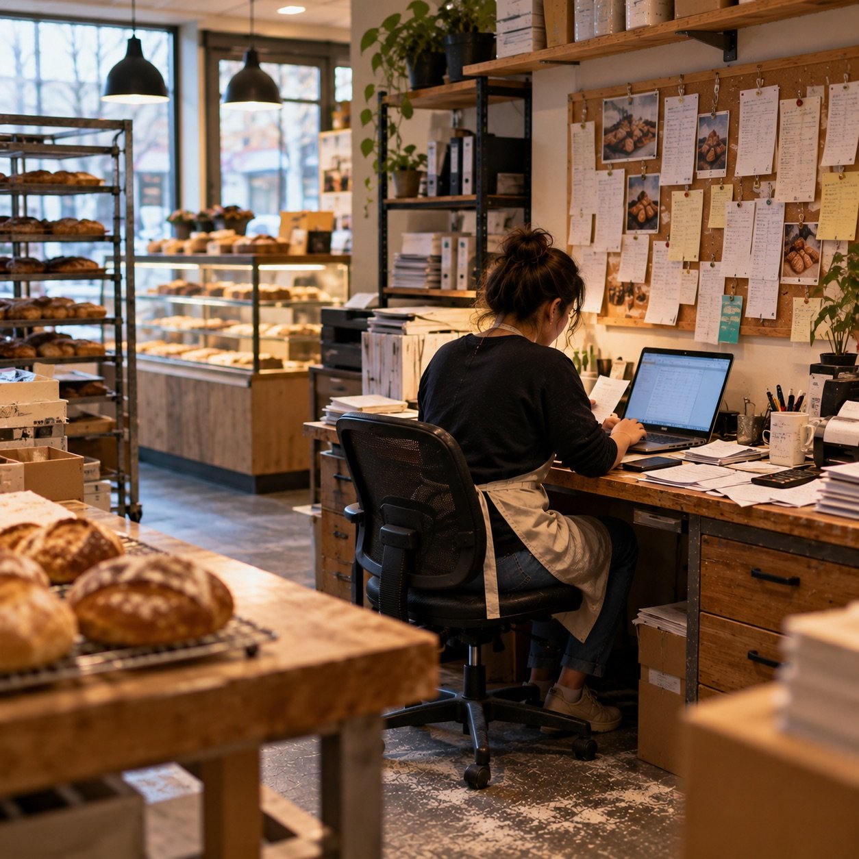Bakery owner in an apron entering invoices on a laptop in the back office, order slips pinned to a corkboard