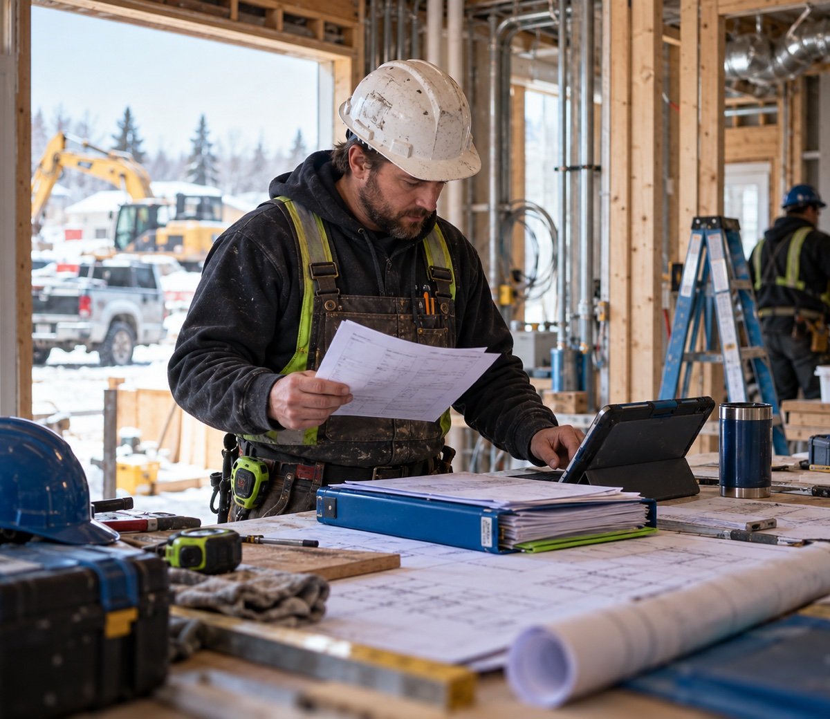 Construction worker in a hard hat reviewing plans and a tablet at a snowy residential building site